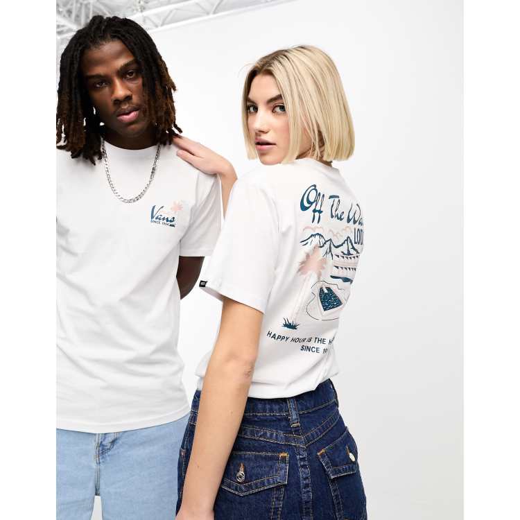 Vans Unisex Off the wall lodge back print t-shirt in white | ASOS