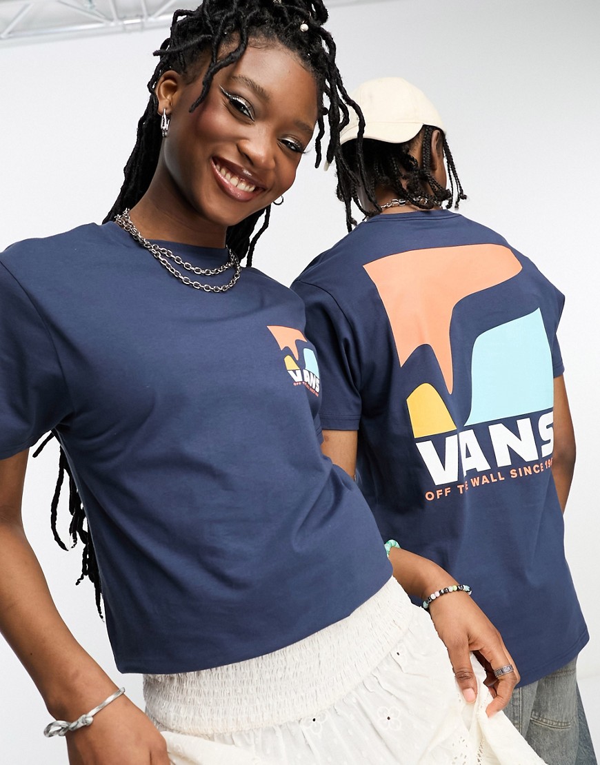 Vans unisex swoop v back print t-shirt in blue