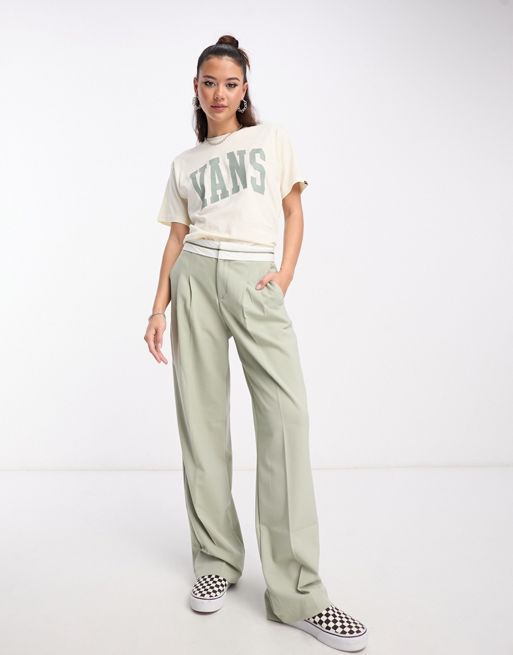 Pull&Bear fold over waistband tailored trousers in sage