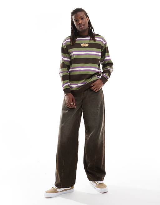 Vans - Wilton - Maglione a maniche lunghe in maglia a righe verdi e marroni con logo centrale, 3 di 4