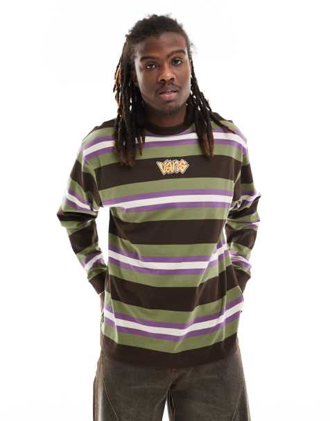 Vans - Wilton - Pull rayé en maille à manches longues avec logo central - Vert et marron - view 1