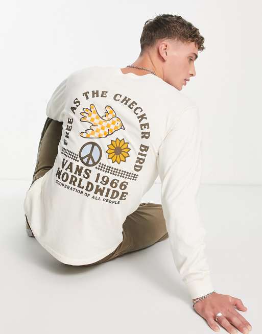 Vans – Worldwide – T-shirt z długim rękawem w kolorze złamanej bieli z nadrukiem na plecach