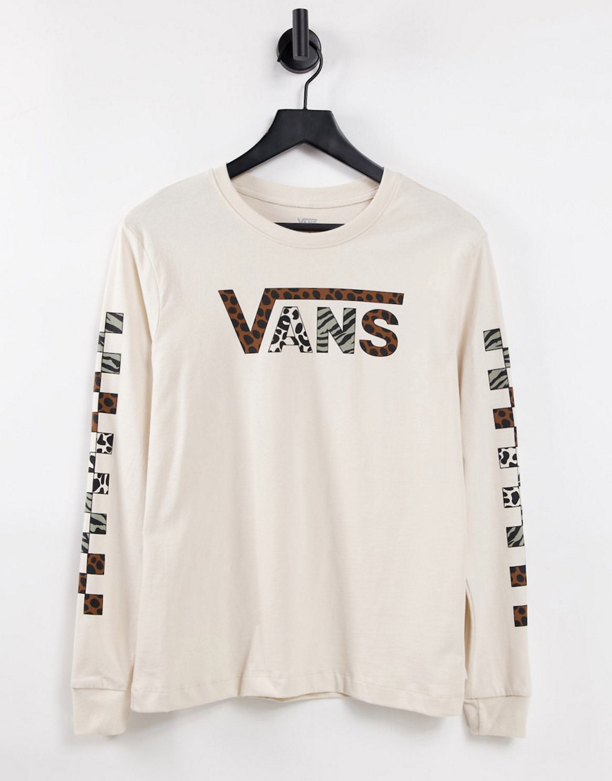 Vans Yodelz long sleeve checkerboard sleeve t-shirt in beige-Neutral