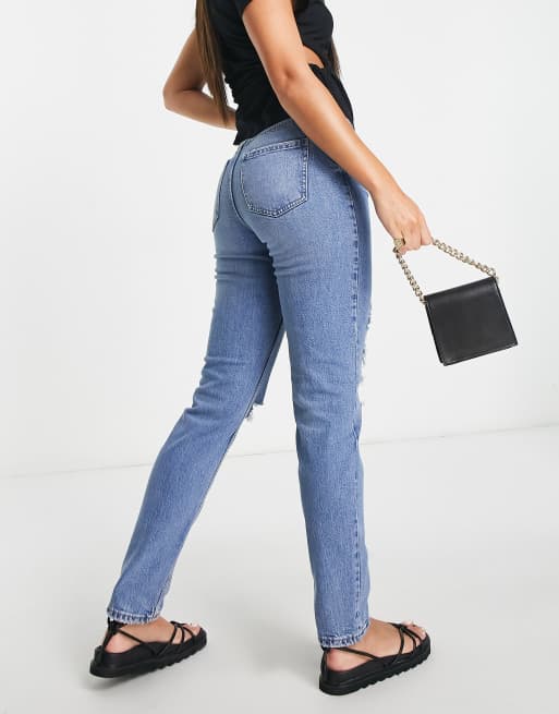 Vaqueros ajustados con lavado azul medio y diseño rasgado de New Look Tall, 2 de 4
