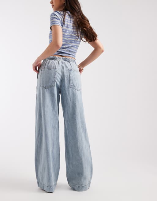 Vaqueros azul claro de pernera ancha y talle medio con lazada en la cintura de Pieces, 3 de 5