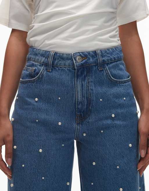 Vaqueros azul medio de pernera ancha con detalle de perlas de ASOS