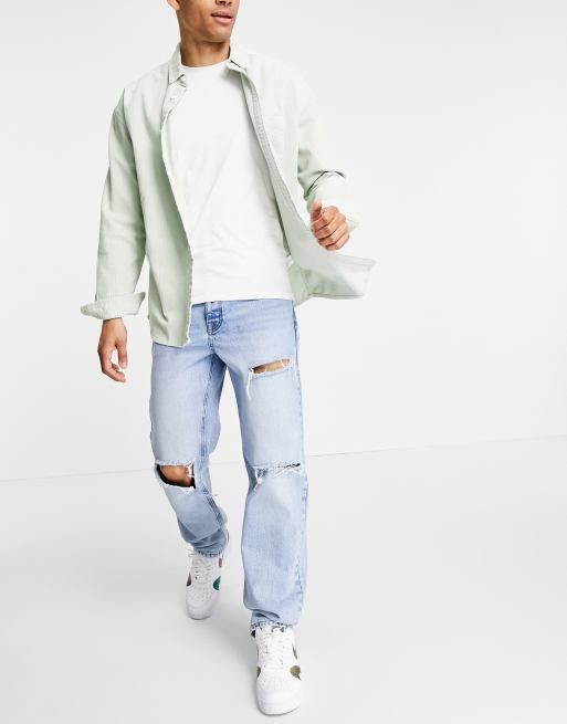 Vaqueros azul medio lavado vintage elásticos con pernera recta y roturas extremas de ASOS DESIGN