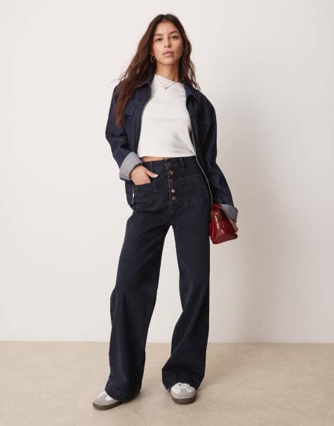 Vaqueros azul negruzco de pernera ancha con bolsillos de parche y detalle de botones dorados en la bragueta de ASOS DESIGN - view 1