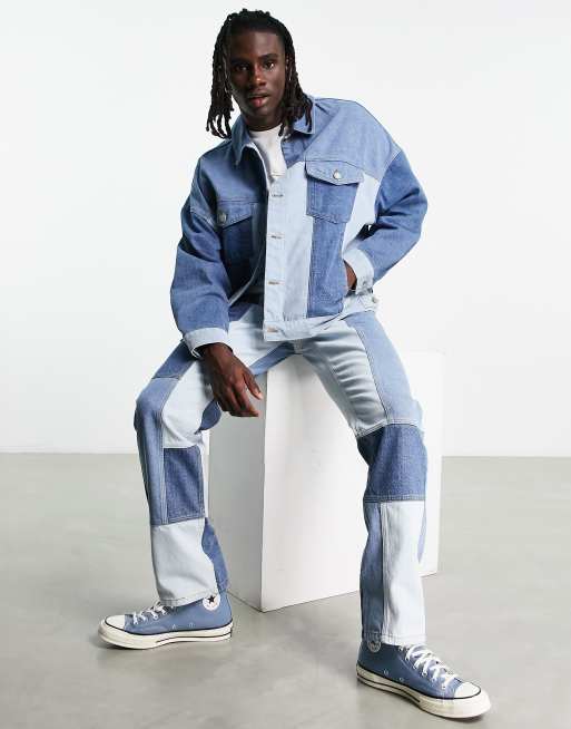 Vaqueros azules de pernera ancha y recta con diseño de patchwork de ASOS DESIGN (parte de un conjunto)