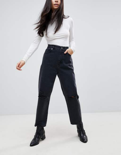 Vaqueros Boyfriend con pernera recta y rodillas rasgadas en negro desgastado de ASOS DESIGN