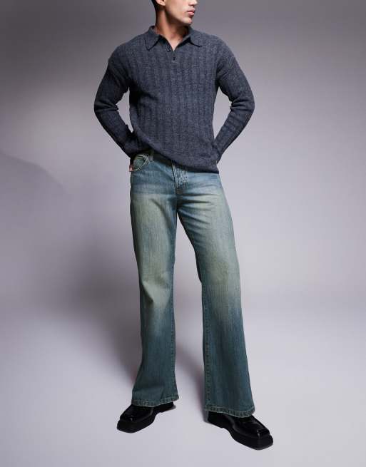 Vaqueros de corte ancho acampanado con lavado azul medio y detalle de costuras de ASOS DESIGN