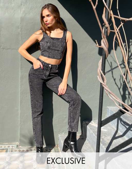 Vaqueros de talle alto con lavado ácido y detalle de costuras de Labelrail x Hana Cross (parte de un conjunto)