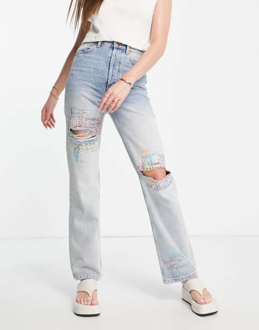 Vaqueros descoloridos de corte recto con detalles estilo artesano Kort de Topshop 