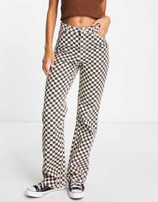Monki high waist jeans in brown checkerboard denim co-ord - ASOS Price Checker