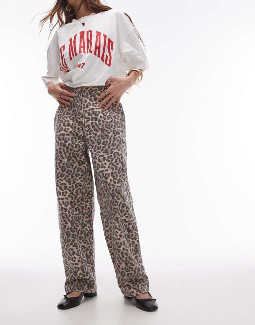 Vaqueros multicolores de pernera recta con estampado de leopardo de Topshop