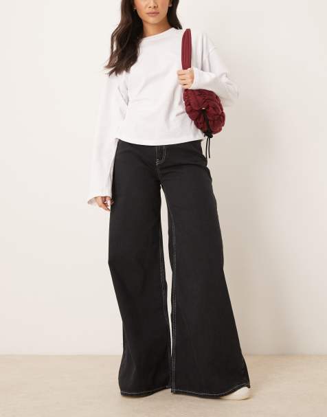 Vaqueros negro lavado de corte ancho con pespuntes en contraste de tejido suave de ASOS DESIGN - view 1
