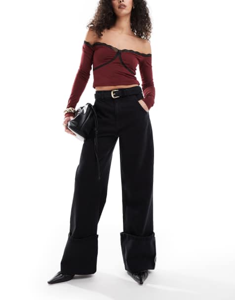 Vaqueros negro lavado de pernera ancha con dobladillos vueltos altos de ASOS DESIGN - view 1