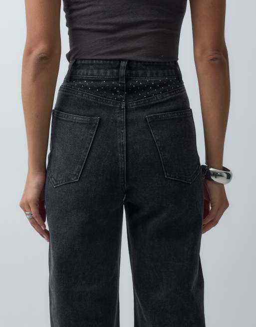 Vaqueros negro lavado de pernera ancha con pedrería Hope de ONLY, 4 de 5
