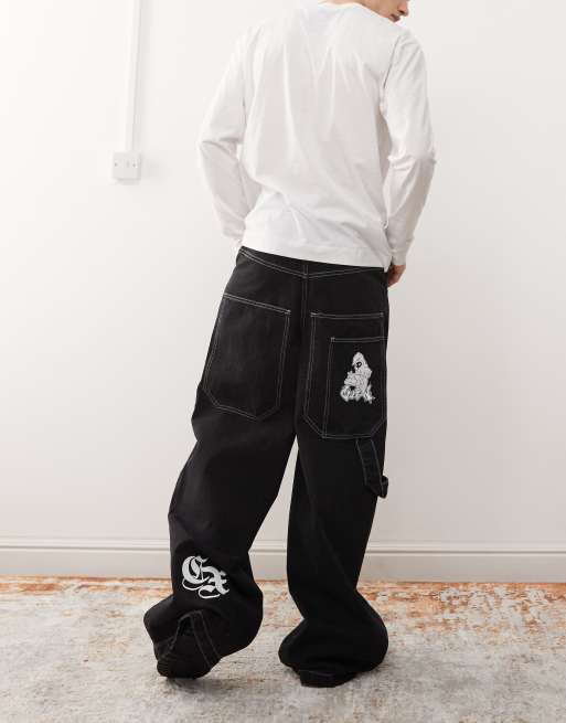 Vaqueros negro lavado holgados con detalle estampado de skater X002 de COLLUSION, 4 de 5
