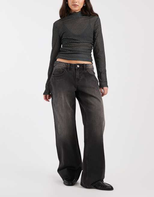 Vaqueros negros holgados de talle bajo con detalle regulable de Hollister