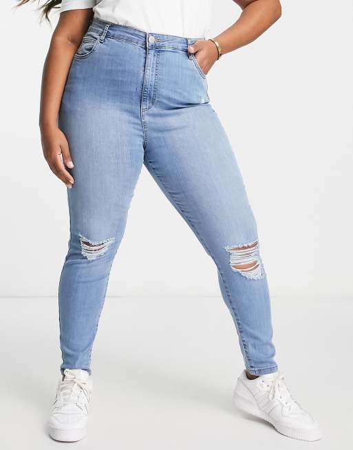 Vaqueros pitillo azules de talle alto con rotos de Cotton:On Curve