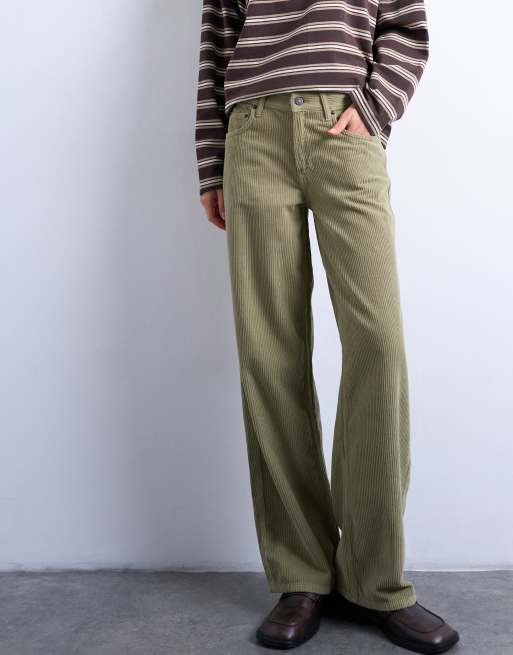Vaqueros verdes de talle bajo con trabilla regulable de pana de Topshop, 2 de 7