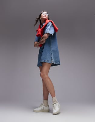 asos design short sleeve denim shirt dress in mid blue ASOS DESIGN denim short sleeve shirt mini dress in midwash blue