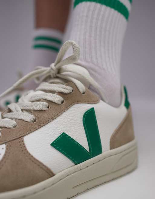 VEJA - V-10 - Baskets en cuir exempt de chrome - Blanc extra, émeraude et sahara, 5 de 5