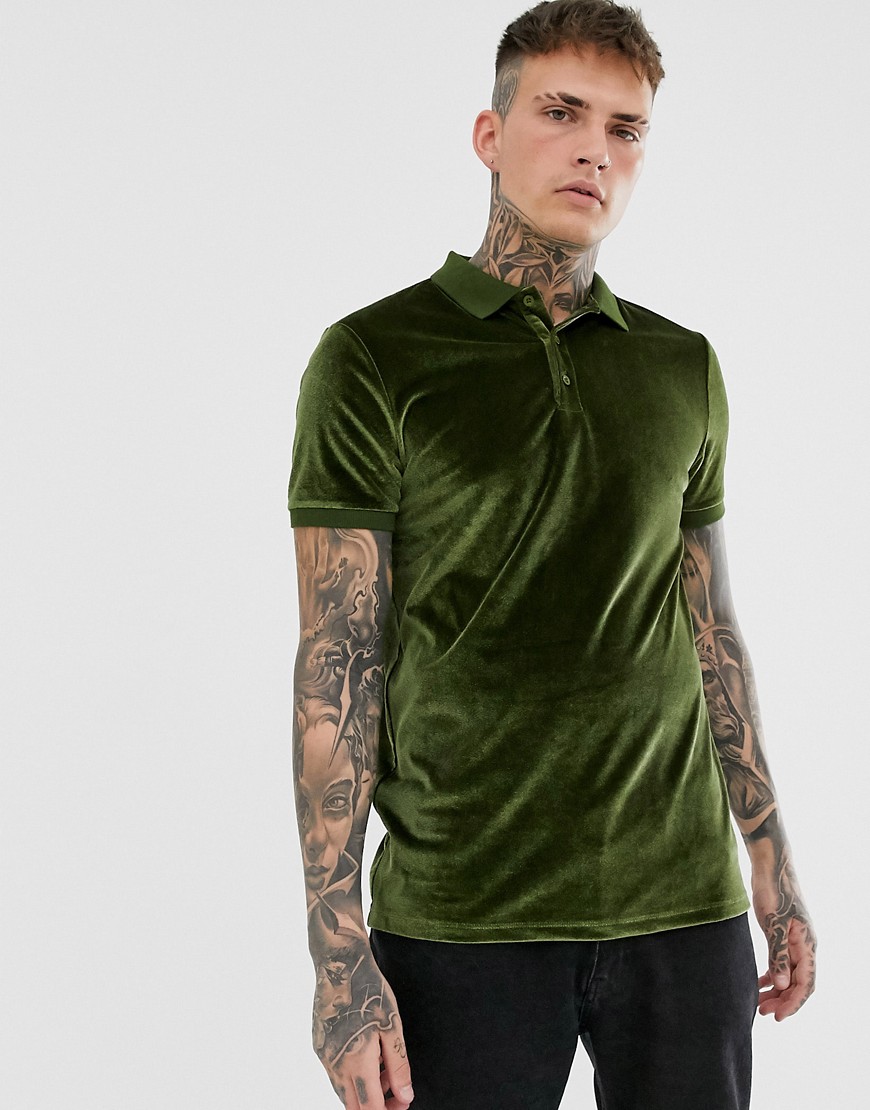 фото Велюровая футболка-поло цвета хаки asos design-зеленый