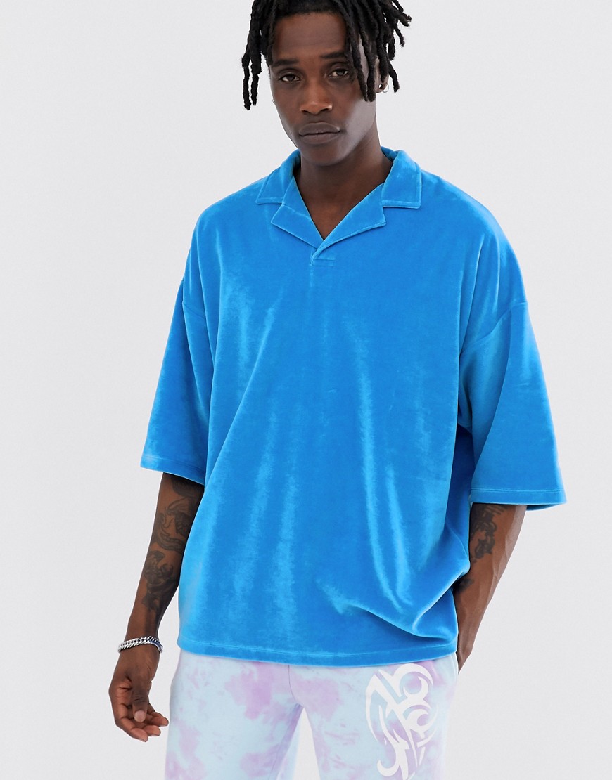 фото Велюровая футболка-поло в стиле oversize с отложным воротником asos design-синий