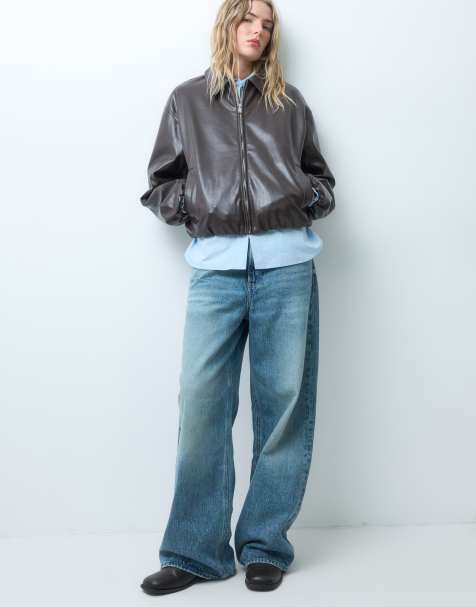 Vera Moda cazadora bomber extragrande de efecto piel con bajo abullonado en chocolate - view 1