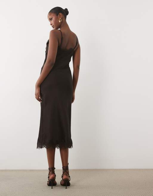 Vera Moda - Satijnen midi cami-jurk met kanten rand in chocoladebruin, 4 van 4