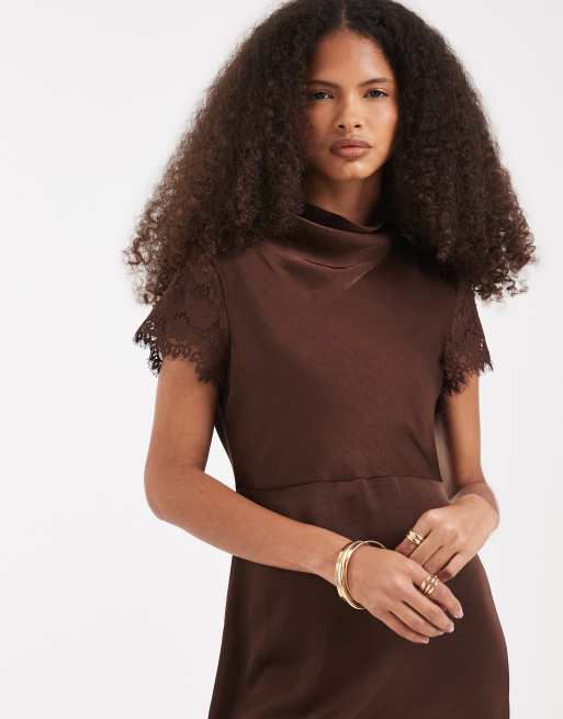 Vera Moda satin cami midi dress with lace trim in chocolate brown