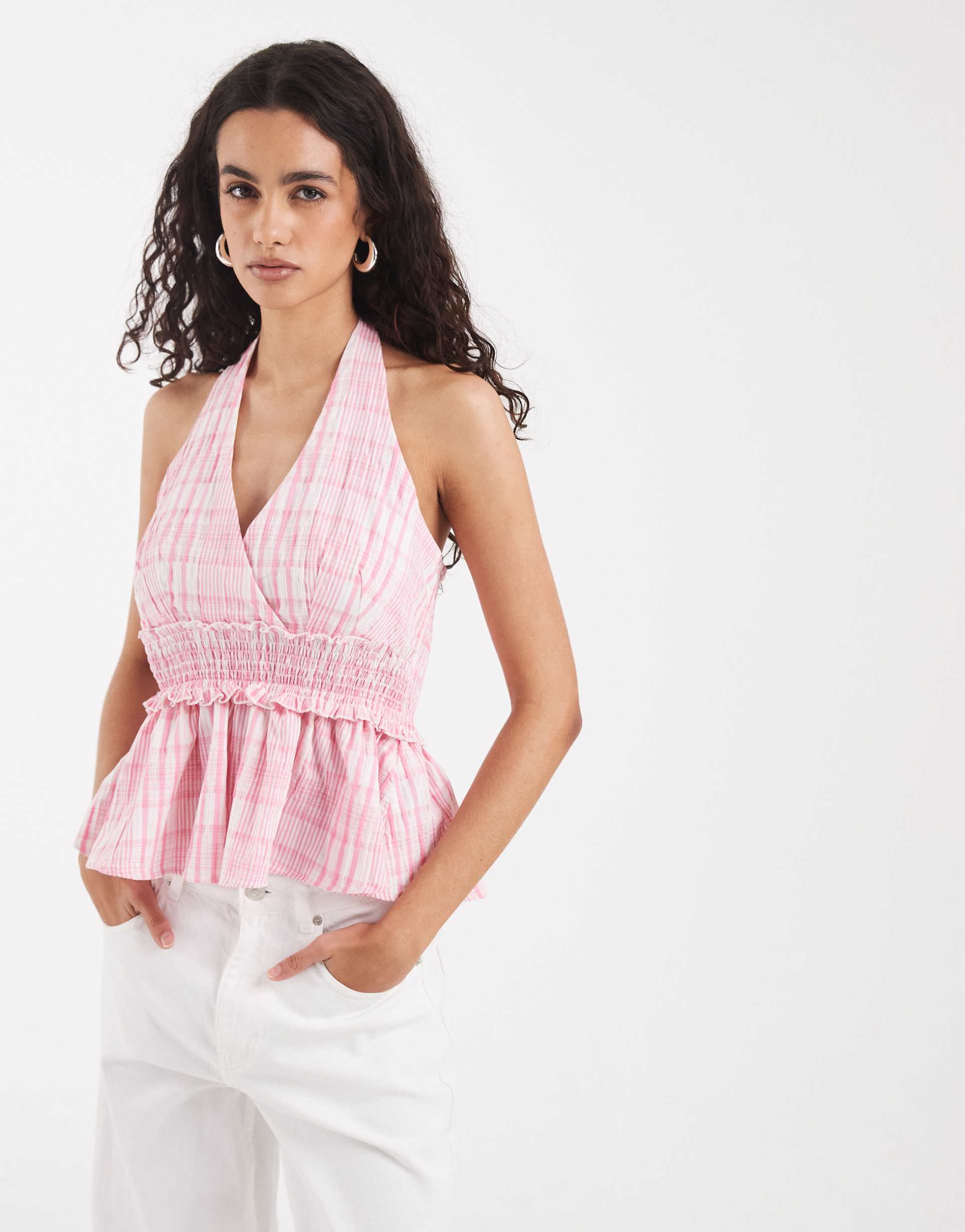 vero mod a shirred waist tie halter neck top in pink plaid print
