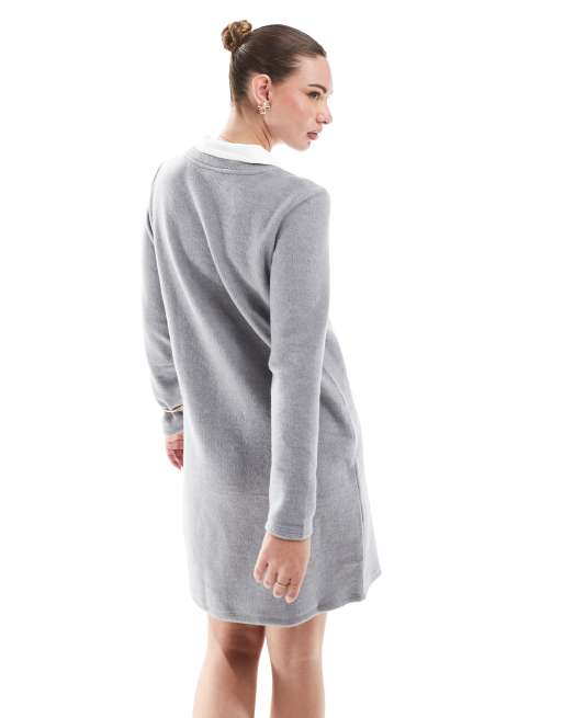 Vero Moda 2 in 1 knitted mini dress with collar in mid grey melange | ASOS