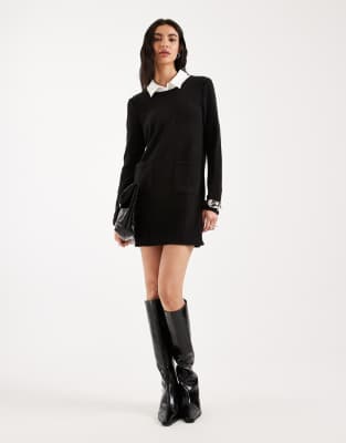 Vero Moda Vero Moda 2 in 1 long sleeve knitted mini dress with poplin collar in black
