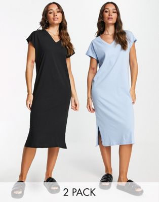 Vero Moda 2 pack jersey t-shirt dress with v neck in black and blue