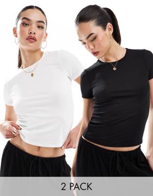 Vero Moda - 2er-Pack Feinripp-T-Shirts aus anschmiegsamem Stoff in Schwarz und Weiß-Bunt