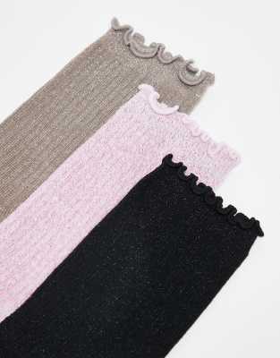 Vero Moda 3 Pack Glitter Socks With Frill Edge In Black