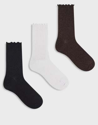 Vero Moda 3 Pack Glitter Socks With Frill Edges In Multi