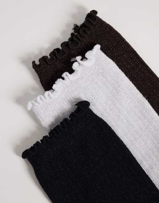Vero Moda 3 pack glitter socks with frill edges in black, white and chocolate, 2 of 3