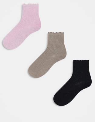 Vero Moda - 3er-Pack Glitzersocken in verschiedenen Farben mit Rüschensaum-Schwarz