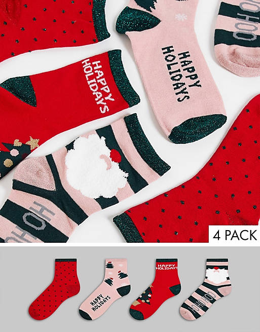  Vero Moda 4-pack Christmas socks in red & pink 