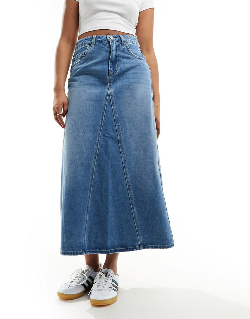 Vero Moda a-line denim maxi skirt in medium blue wash