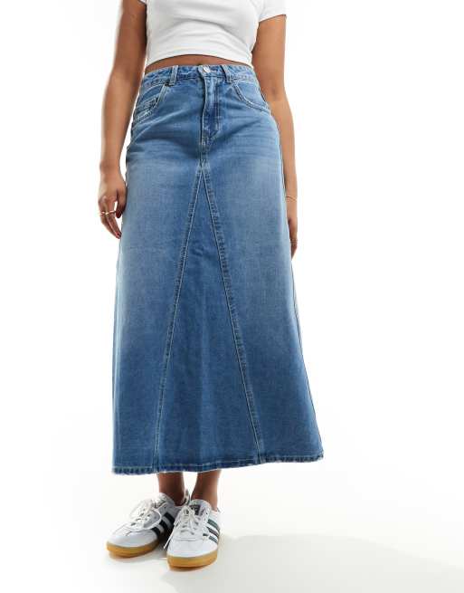 Vero Moda a-line denim maxi skirt in medium blue wash | ASOS