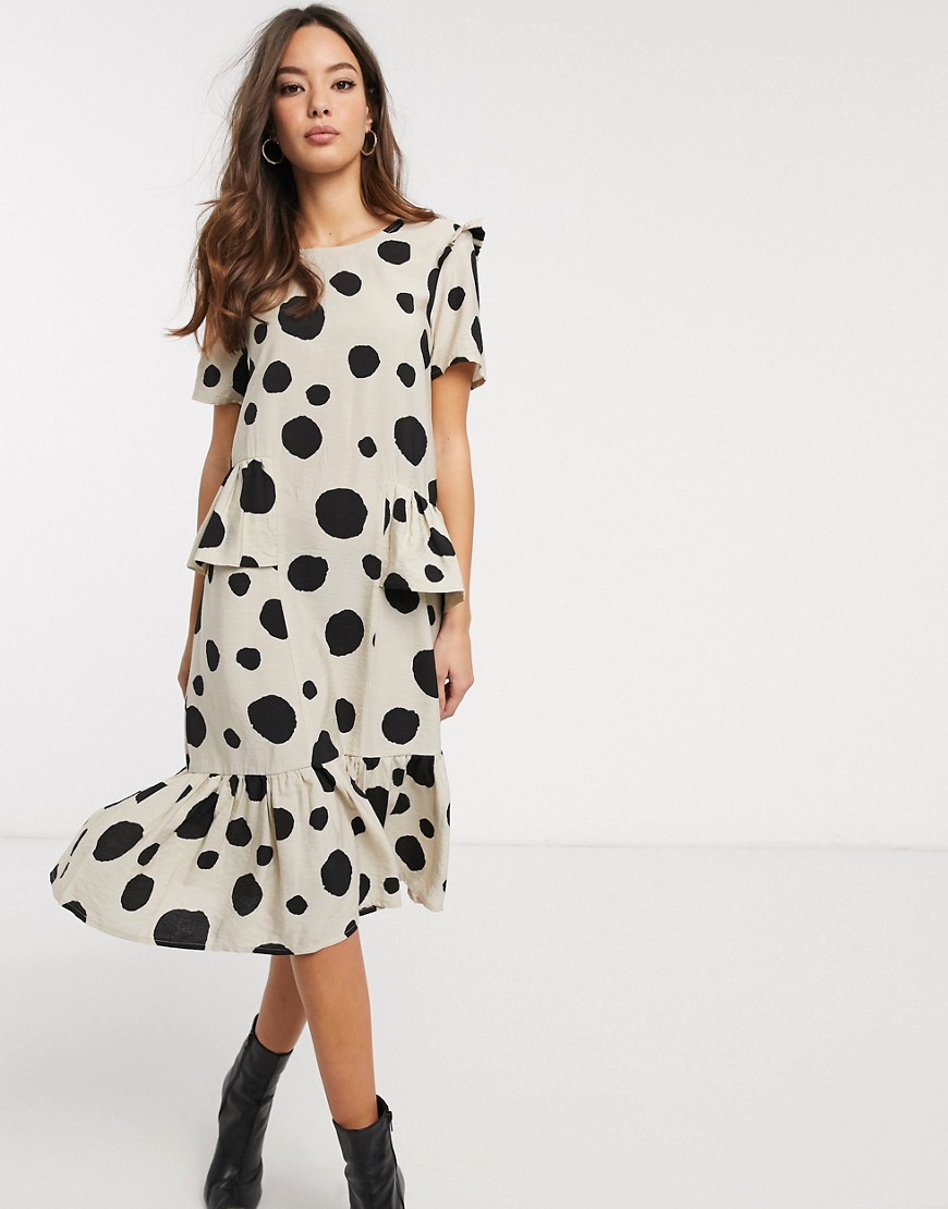 Vero Moda - Aangerimpelde jurk met ruches en gemixte stippenprint-Beige