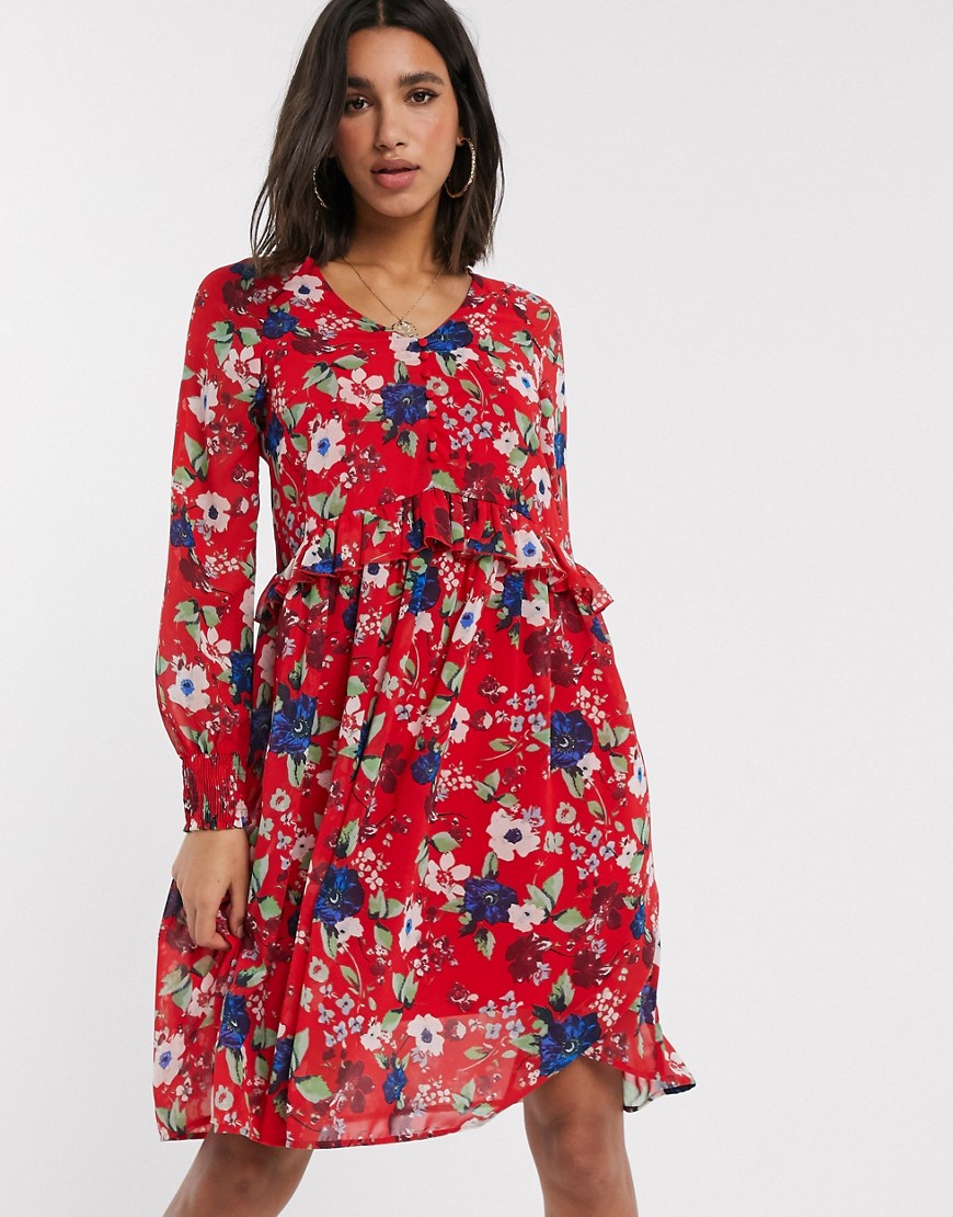 Vero Moda - Aangerimpelde jurk met verlaagde taille en bloemenprint-Rood