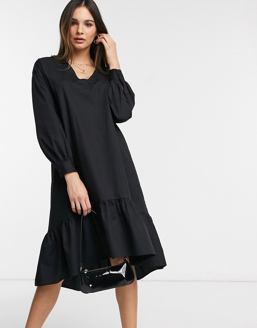 Vero Moda - Aangerimpelde midi-jurk met ballonmouwen in zwart