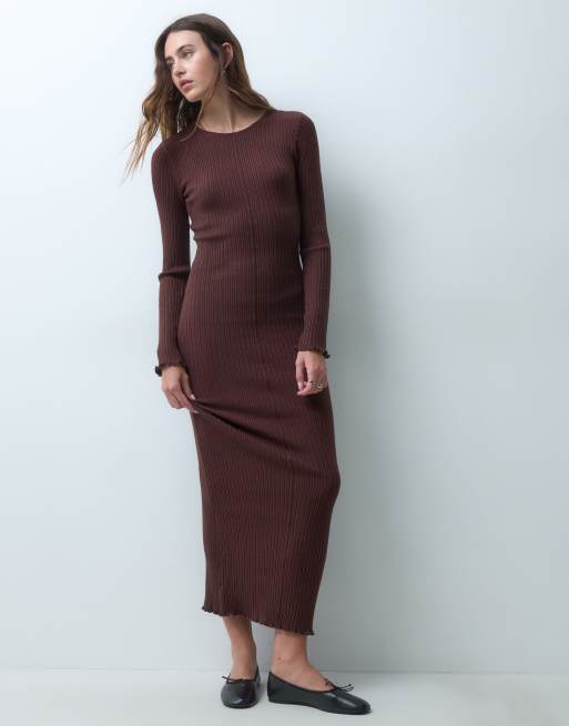 Vero Moda abito maxi in maglia a coste a maniche lunghe color marrone scuro, 1 di 4