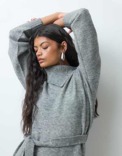 Vero Moda abito mini in maglia a maniche lunghe con scollo con apertura e allacciatura in vita grigio, 3 di 5